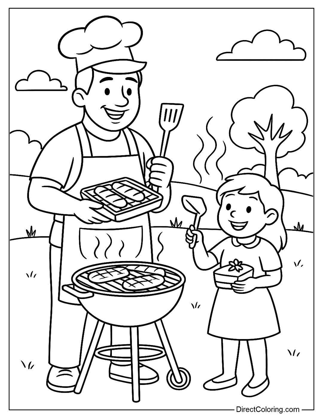 Coloring page of dad grilling BBQ meat, wearing an apron and holding a grill.